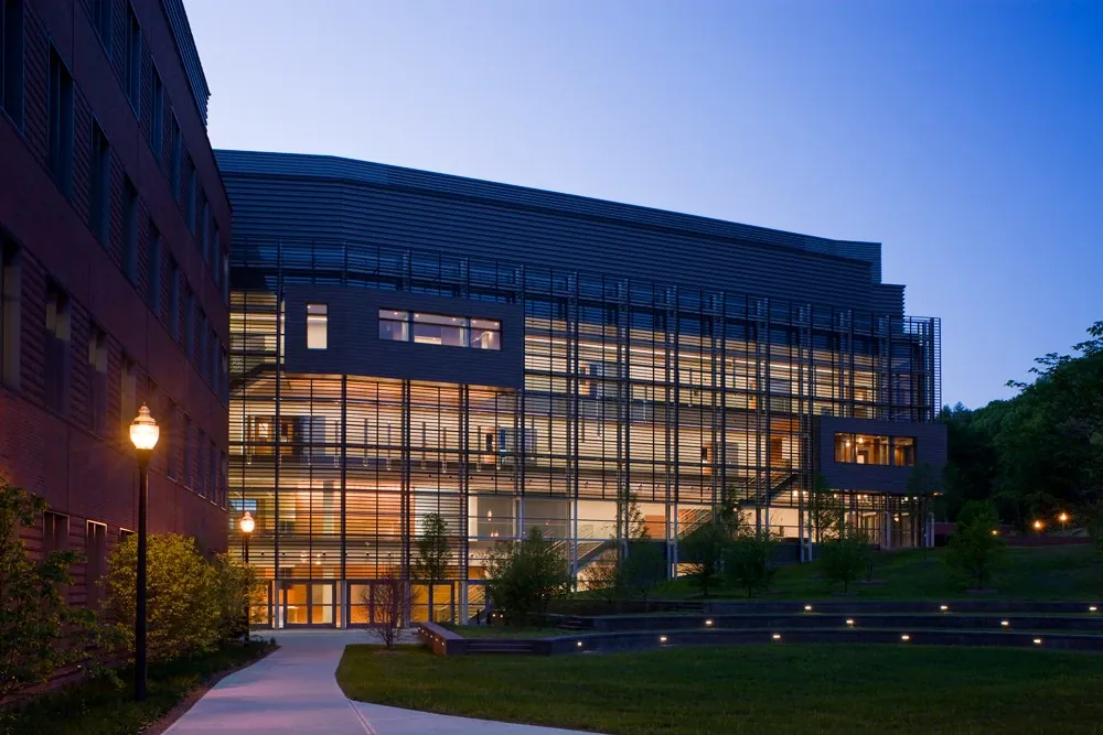 Four-story atrium of the UMass Amherst Integrated Sciences Building