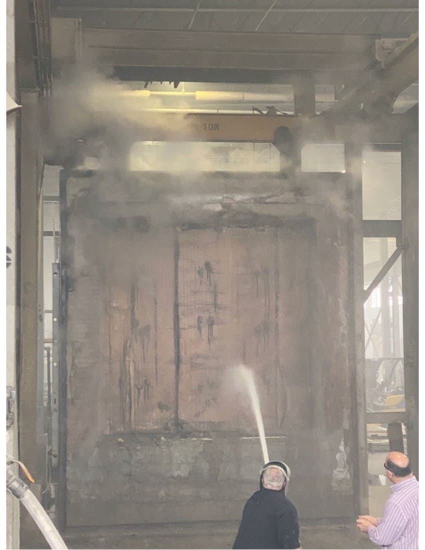 HOSE STREAM 120 FIRST RESPONDER - TESTED FOR  1 ½ HOURS TO UL 10B STANDARD WITH HOSE STREAM TEST (ASTM E2226) FOR UP TO A 2 HOUR WALL WITH AN INGRESS/ EGRESS FIRST RESPONDER DOOR - UL Certified Fire Protective Smoke Curtains - U.S. Smoke &amp; Fire™ - hose120firstresponder