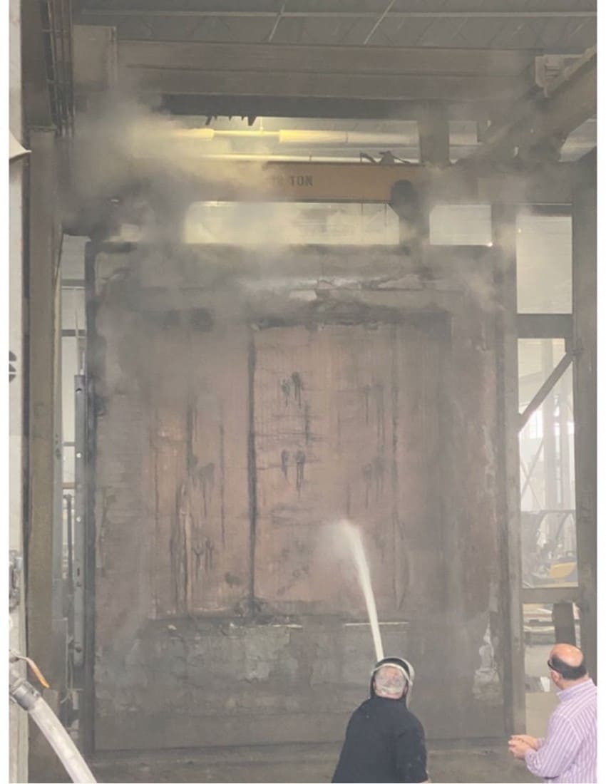 HOSE STREAM 120® FIRST RESPONDER - TESTED FOR 1 ½ HOURS TO UL 10B STANDARD WITH HOSE STREAM TEST (ASTM E2226) FOR UP TO A 2 HOUR WALL WITH AN INGRESS/ EGRESS FIRST RESPONDER DOOR - UL Certified Fire Protective Smoke Curtains - U.S. Smoke & Fire™ - hose120firstresponder
