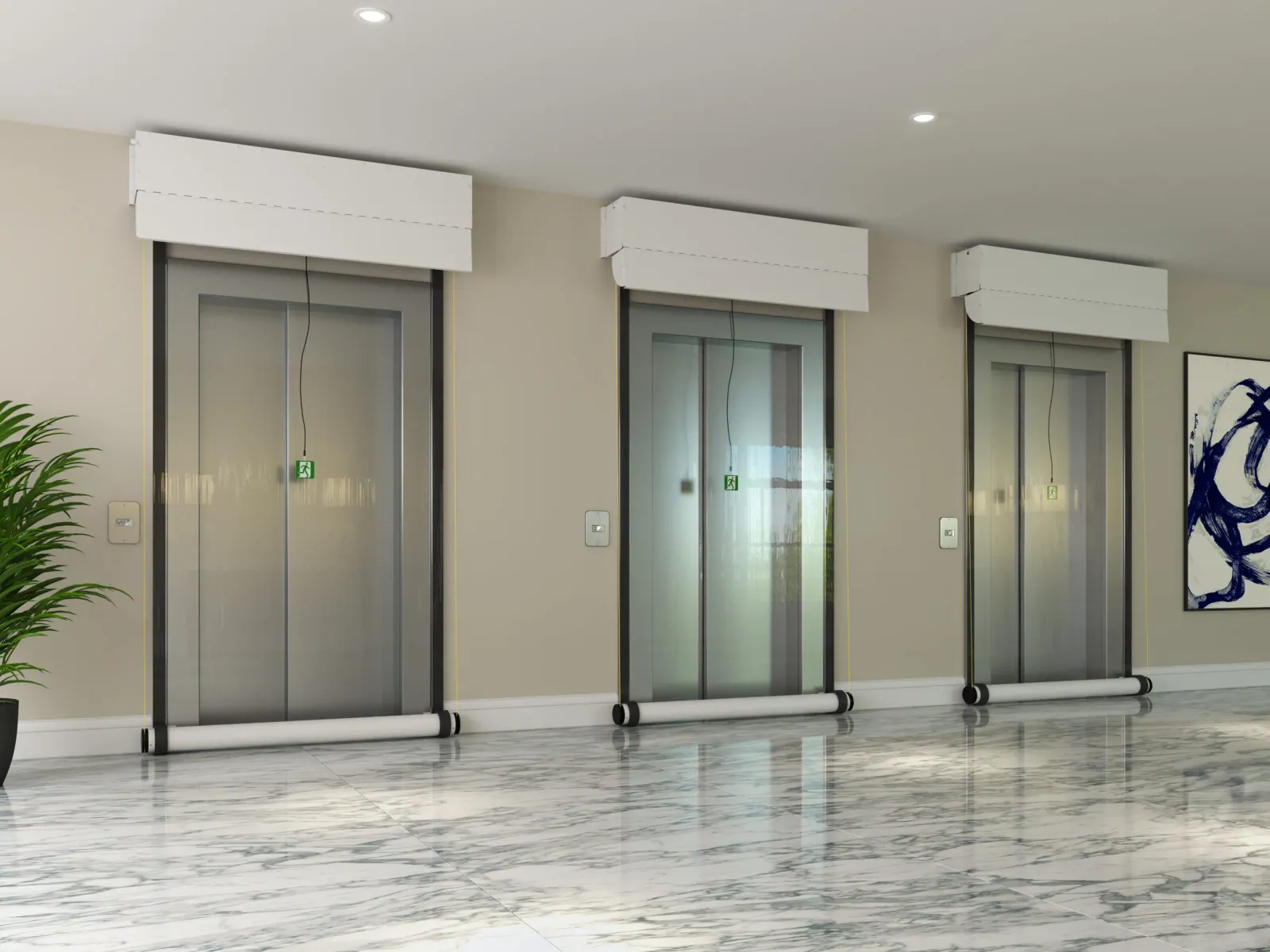 Magnetic seal elevator smoke containment curtains deployed at paired elevator doors